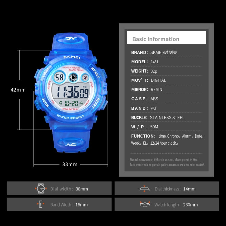 SKMEI 1451 LED Digital Stopwatch Chronograph Luminous Children Sports Electronic Watch(Black Shell Blue Circle) - LED Digital Watches by SKMEI | Online Shopping South Africa | PMC Jewellery | Buy Now Pay Later Mobicred