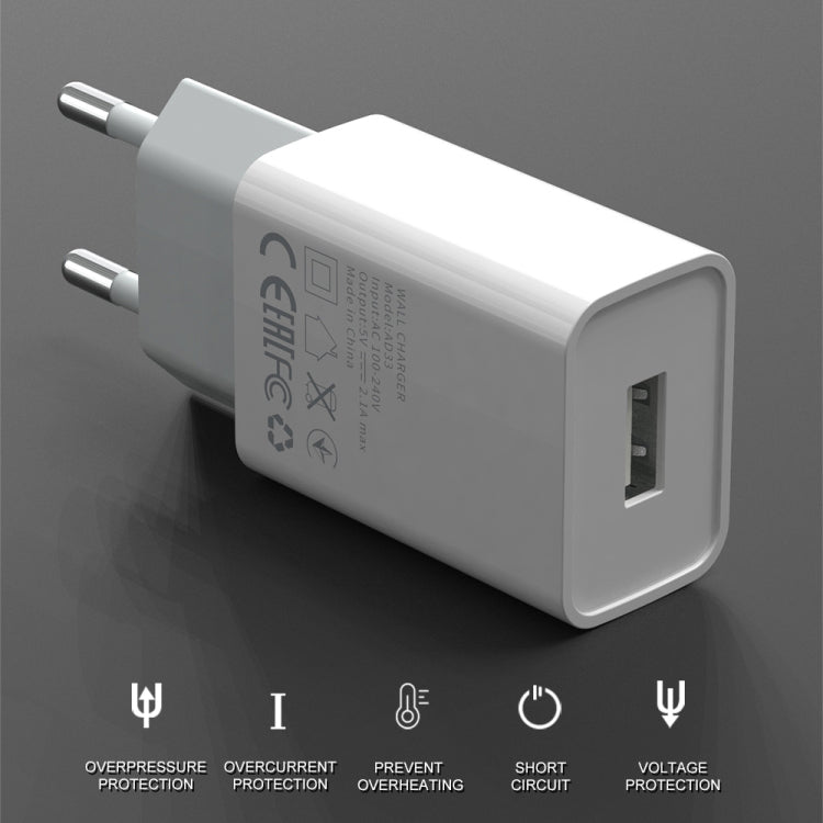 IVON AD-33 2 in 1 2.1A Single USB Port Travel Charger + 1m USB to 8 Pin Data Cable Set, EU Plug(White) - USB Charger by IVON | Online Shopping South Africa | PMC Jewellery