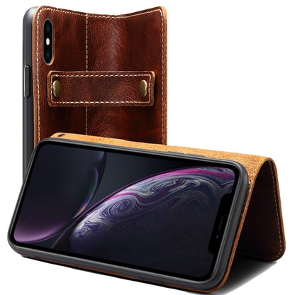 For iPhone XR Denior Oil Wax Cowhide DK Magnetic Button Horizontal Flip Leather Case with Holder & Card Slots & Wallet(Brown) - More iPhone Cases by Denior | Online Shopping South Africa | PMC Jewellery | Buy Now Pay Later Mobicred