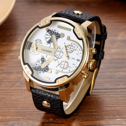 CAGARNY 6820 Round Large Dial Leather Band Quartz Dual Movement Watch For Men(Gold White Surface Black Eye Black Band) - Leather Strap Watches by CAGARNY | Online Shopping South Africa | PMC Jewellery | Buy Now Pay Later Mobicred