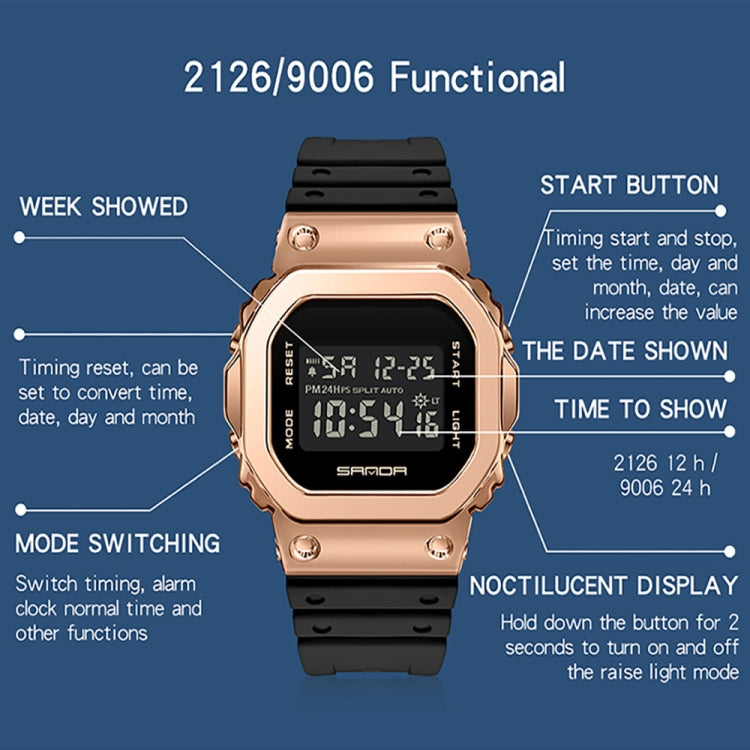 SANDA 9006 Tempered Mirror Luminous Waterproof Dual Display Electronic Watch(Black Rose Gold) - Silicone Strap Watches by SANDA | Online Shopping South Africa | PMC Jewellery | Buy Now Pay Later Mobicred