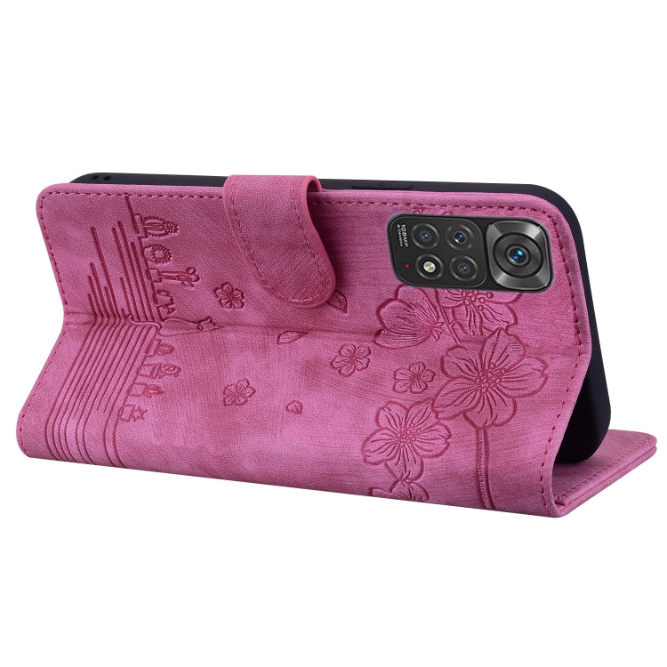 For Xiaomi Redmi Note 11 / Note 11S Global Cartoon Sakura Cat Embossed Leather Phone Case(Rose Red) - free shipping - PMC TechLife - Order now!