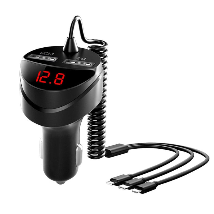 C68 LED Digital Display QC3.0 Fast Car Charger 3 in 1 with Spring Cable(Black) - Car Charger by PMC TechLife | Online Shopping South Africa | PMC TechLife