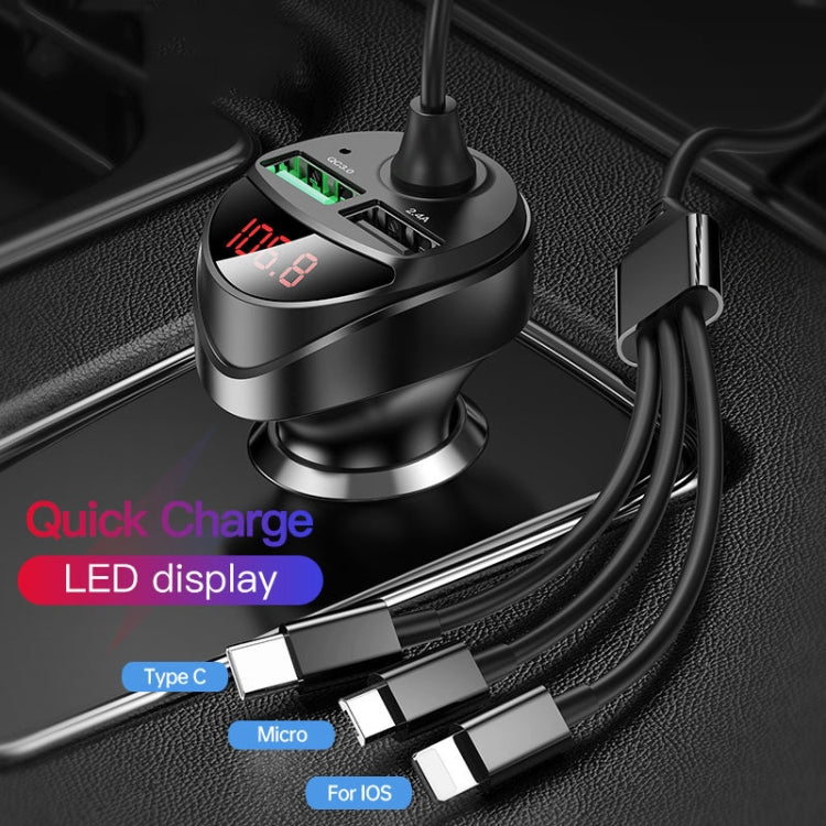 C68 LED Digital Display QC3.0 Fast Car Charger 3 in 1 with Spring Cable(Black) - Car Charger by PMC TechLife | Online Shopping South Africa | PMC TechLife