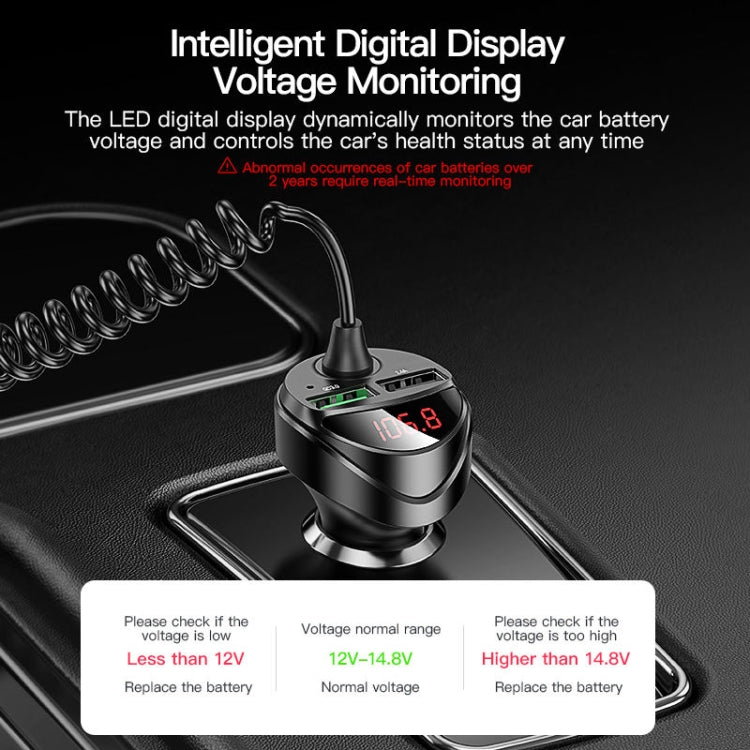 C68 LED Digital Display QC3.0 Fast Car Charger 3 in 1 with Spring Cable(Black) - Car Charger by PMC TechLife | Online Shopping South Africa | PMC TechLife