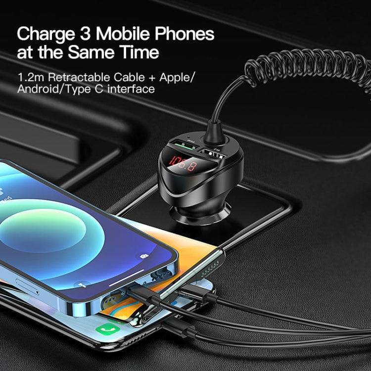 C68 LED Digital Display QC3.0 Fast Car Charger 3 in 1 with Spring Cable(Black) - Car Charger by PMC TechLife | Online Shopping South Africa | PMC TechLife