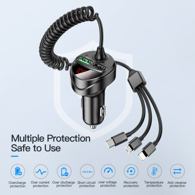 C68 LED Digital Display QC3.0 Fast Car Charger 3 in 1 with Spring Cable(Black) - Car Charger by PMC TechLife | Online Shopping South Africa | PMC TechLife
