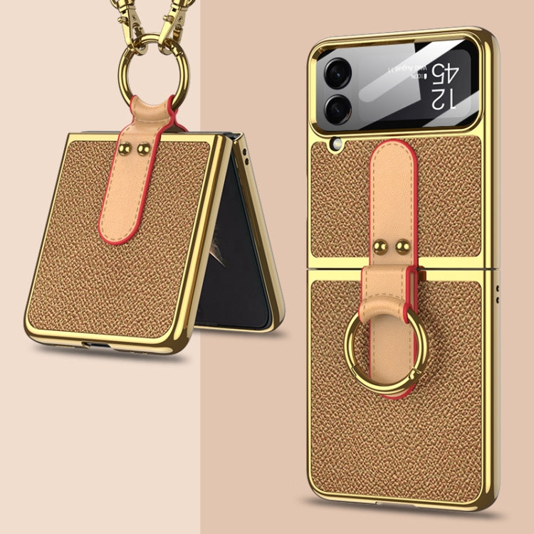 For Samsung Galaxy Z Flip4 GKK Plating + Leather Phone Case with Ring & Strap(Gold) - Galaxy Z Flip4 5G Cases by GKK | Online Shopping South Africa | PMC Jewellery