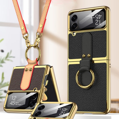 For Samsung Galaxy Z Flip4 GKK Plating + Leather Phone Case with Ring & Strap(Gold) - Galaxy Z Flip4 5G Cases by GKK | Online Shopping South Africa | PMC Jewellery | Buy Now Pay Later Mobicred