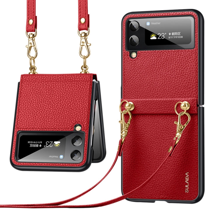 For Samsung Galaxy Z Flip4 SULADA Litchi Texture Leather + TPU Phone Case with Strap(Red) - free shipping - PMC TechLife - Order now!