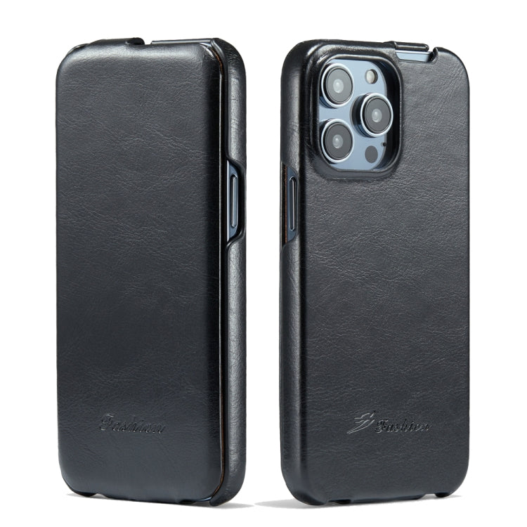 For iPhone 14 Pro Max Fierre Shann Oil Wax Texture Vertical Flip PU Phone Case (Black) - iPhone 14 Pro Max Cases by FIERRE SHANN | Online Shopping South Africa | PMC TechLife | Buy Now Pay Later Mobicred