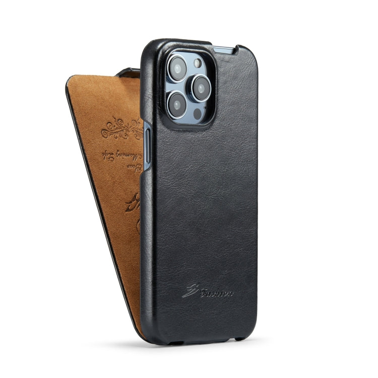 For iPhone 14 Pro Max Fierre Shann Oil Wax Texture Vertical Flip PU Phone Case (Black) - iPhone 14 Pro Max Cases by FIERRE SHANN | Online Shopping South Africa | PMC TechLife | Buy Now Pay Later Mobicred