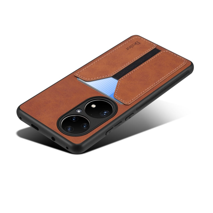For Huawei P50 Pro Denior DV Elastic Card PU Back Cover Phone Case(Brown) - Huawei Cases by Denior | Online Shopping South Africa | PMC TechLife | Buy Now Pay Later Mobicred
