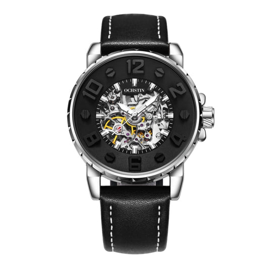 OCHSTIN 62004A Master Series Hollow Mechanical Men Watch(Silver-Black) - Leather Strap Watches by OCHSTIN | Online Shopping South Africa | PMC Jewellery | Buy Now Pay Later Mobicred