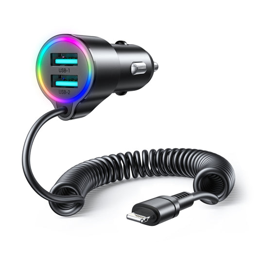 JOYROOM JR-CL25 3.4A 3-in-1 Car Charger with Coiled 8 Pin Cable(Black) - Car Charger by JOYROOM | Online Shopping South Africa | PMC Jewellery