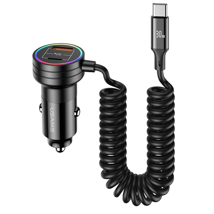 USAMS US-CC167 C33 60W Spring Cable Car Charger with Aperture(Black) - Car Charger by USAMS | Online Shopping South Africa | PMC Jewellery | Buy Now Pay Later Mobicred