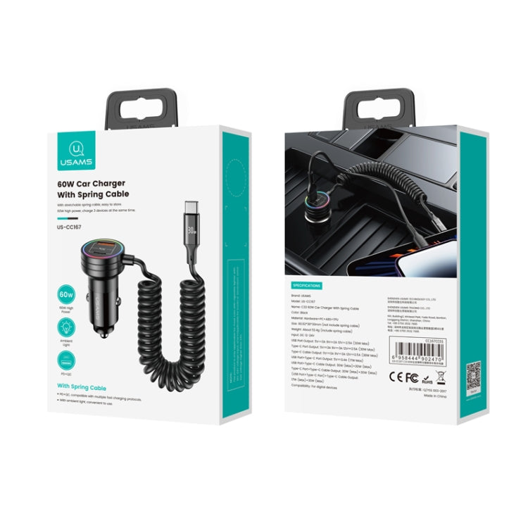 USAMS US-CC167 C33 60W Spring Cable Car Charger with Aperture(Black) - Car Charger by USAMS | Online Shopping South Africa | PMC Jewellery | Buy Now Pay Later Mobicred