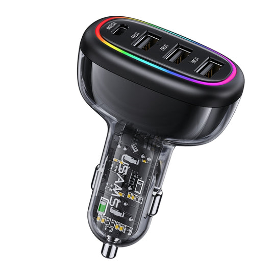 USAMS US-CC170 C34 PD30W 48W 4-port Transparent Car Fast Charger with Colorful Lights(Black) - Car Charger by USAMS | Online Shopping South Africa | PMC Jewellery