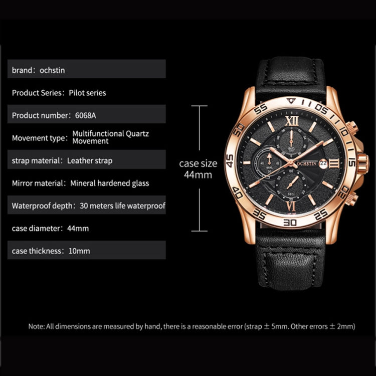 OCHSTIN 6068A Multifunctional Quartz Waterproof Luminous Men Watch(Rose Gold+White+Black) - Leather Strap Watches by OCHSTIN | Online Shopping South Africa | PMC Jewellery | Buy Now Pay Later Mobicred