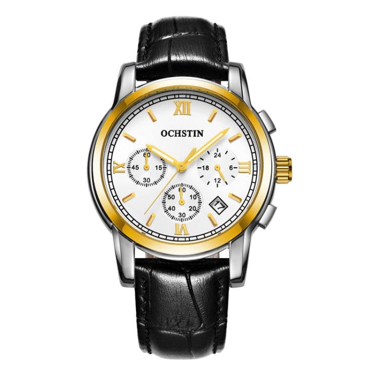 OCHSTIN 6097B Multifunctional Quartz Waterproof Luminous Men Leather Watch(Gold+White+Black) - Leather Strap Watches by OCHSTIN | Online Shopping South Africa | PMC Jewellery | Buy Now Pay Later Mobicred