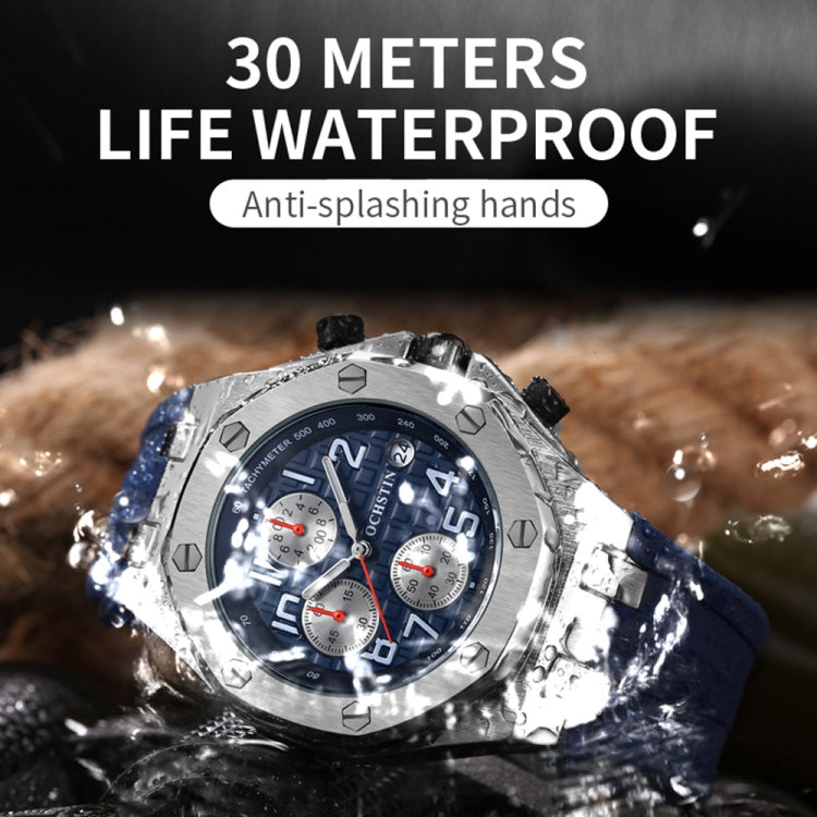 OCHSTIN 6100A Multifunctional Quartz Waterproof TPU Strap Men Watch(Silver+Blue) - Leather Strap Watches by OCHSTIN | Online Shopping South Africa | PMC Jewellery | Buy Now Pay Later Mobicred