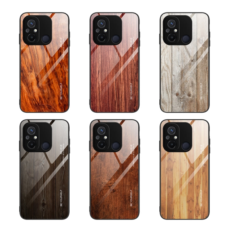 For Xiaomi Redmi 12C Wood Grain Glass Phone Case(Coffee) - Xiaomi Cases by PMC Jewellery | Online Shopping South Africa | PMC Jewellery