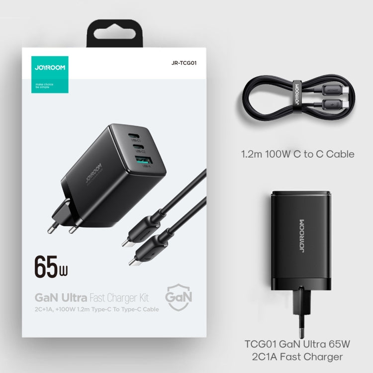 JOYROOM TCG01 GaN Ultra 65W 2 Type-C + 1 USB Fast Charger with 1.2m Type-C Cable, Plug:EU Plug(Black) - USB Charger by JOYROOM | Online Shopping South Africa | PMC Jewellery | Buy Now Pay Later Mobicred