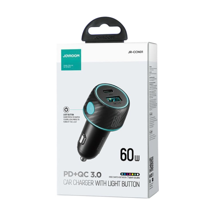JOYROOM JR-CCN01 60W USB+USB-C / Type-C Multi-color Car Charger with Light Button(Black) - Car Charger by JOYROOM | Online Shopping South Africa | PMC Jewellery