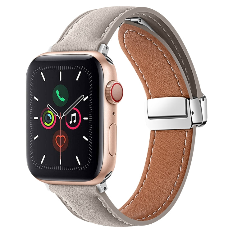 Folding Buckle Genuine Leather Watch Band For Apple Watch Series 8&7 41mm / SE 2&6&SE&5&4 40mm / 3&2&1 38mm(Grey) - Smart Wear by PMC Jewellery | Online Shopping South Africa | PMC Jewellery