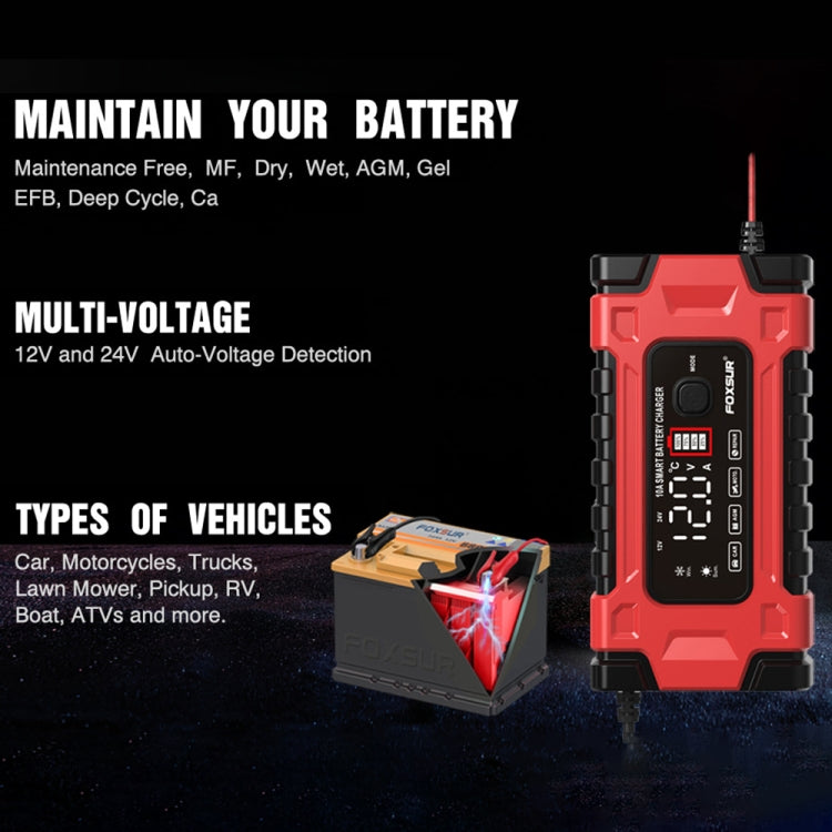 FOXSUR 12V / 24V / 10A Car / Motorcycle Battery Smart Repair Lead-acid Battery Charger, Plug Type:US Plug - Battery Charger by FOXSUR | Online Shopping South Africa | PMC Jewellery | Buy Now Pay Later Mobicred