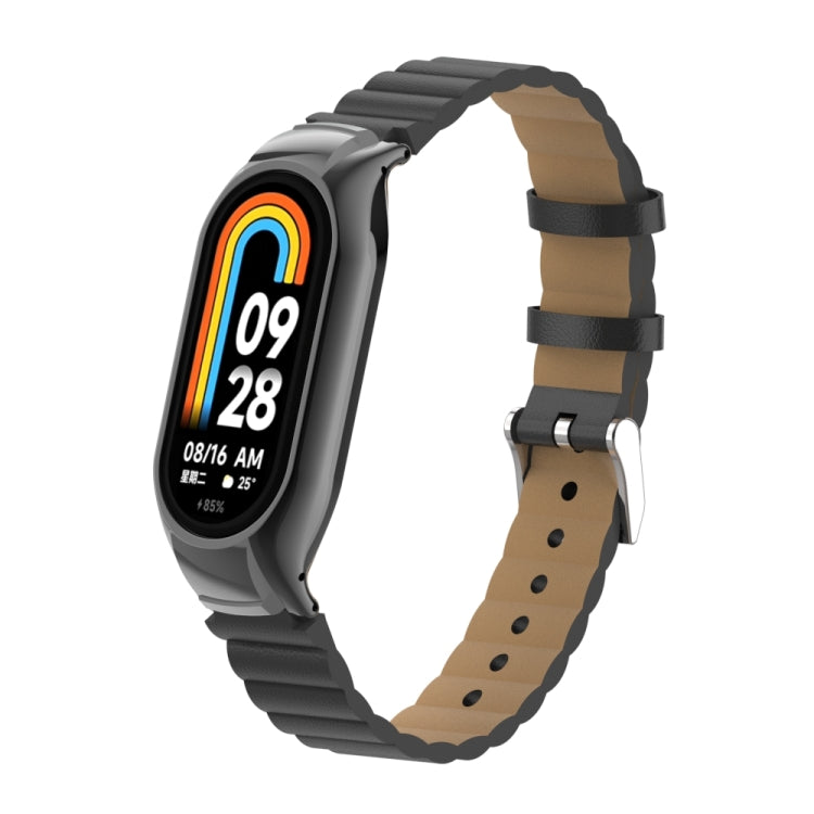 For Xiaomi Mi Band 8 Integrated Metal Case + Bamboo Leather Watch Band(Black) - Smart Wear by PMC TechLife | Online Shopping South Africa | PMC TechLife