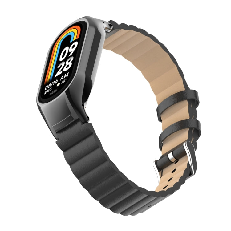 For Xiaomi Mi Band 8 Integrated Metal Case + Bamboo Leather Watch Band(Black) - Smart Wear by PMC TechLife | Online Shopping South Africa | PMC TechLife