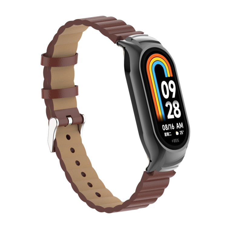 For Xiaomi Mi Band 8 Integrated Metal Case + Bamboo Leather Watch Band(Red Brown) - Smart Wear by PMC TechLife | Online Shopping South Africa | PMC TechLife