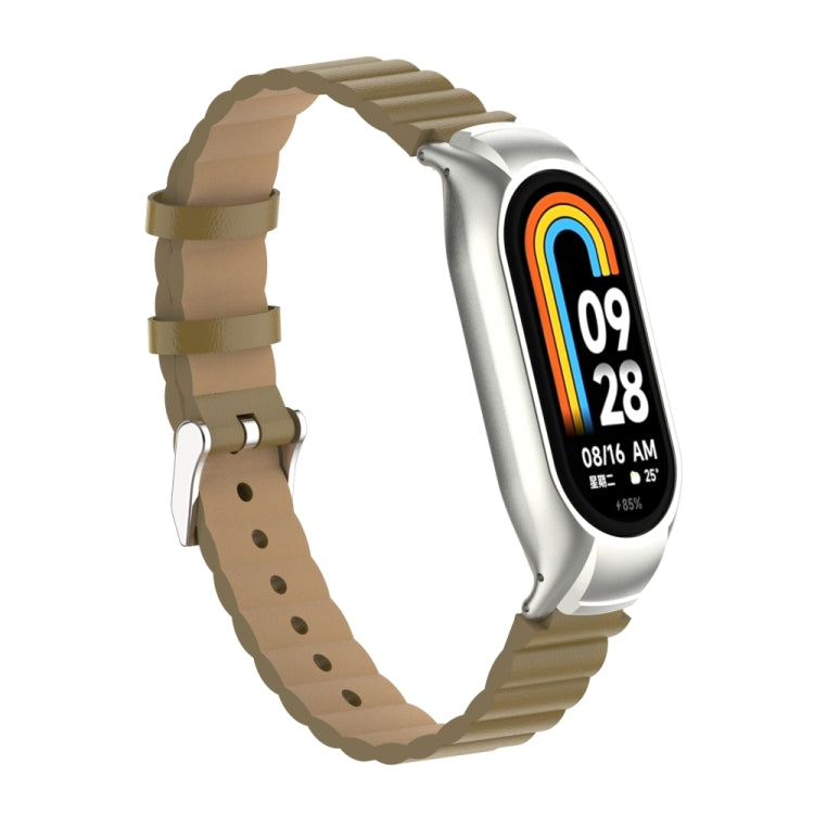 For Xiaomi Mi Band 8 Integrated Metal Case + Bamboo Leather Watch Band(Saddle) - Smart Wear by PMC Jewellery | Online Shopping South Africa | PMC Jewellery
