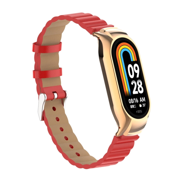 For Xiaomi Mi Band 8 Integrated Metal Case + Bamboo Leather Watch Band(Red) - Smart Wear by PMC TechLife | Online Shopping South Africa | PMC TechLife