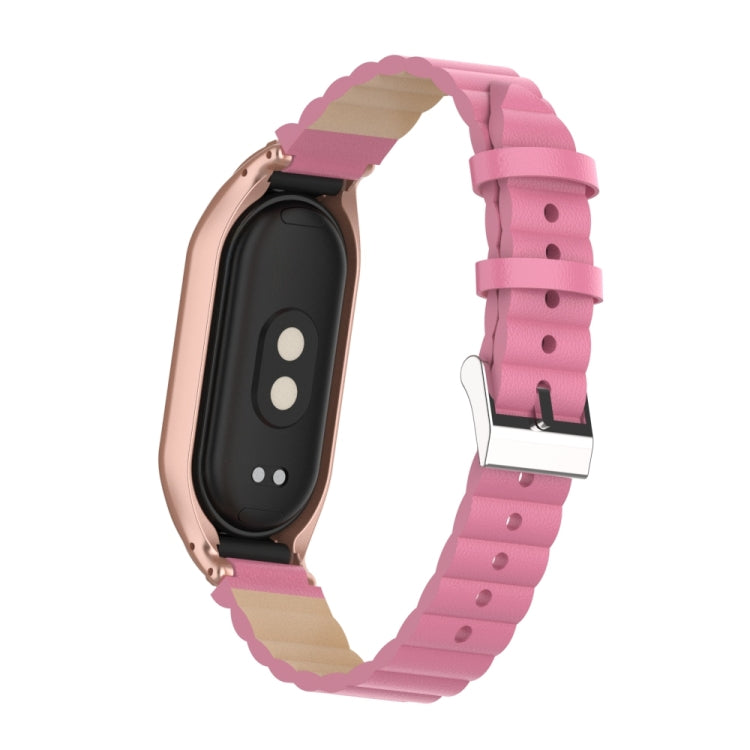 For Xiaomi Mi Band 8 Integrated Metal Case + Bamboo Leather Watch Band(Rose Red) - Smart Wear by PMC Jewellery | Online Shopping South Africa | PMC Jewellery