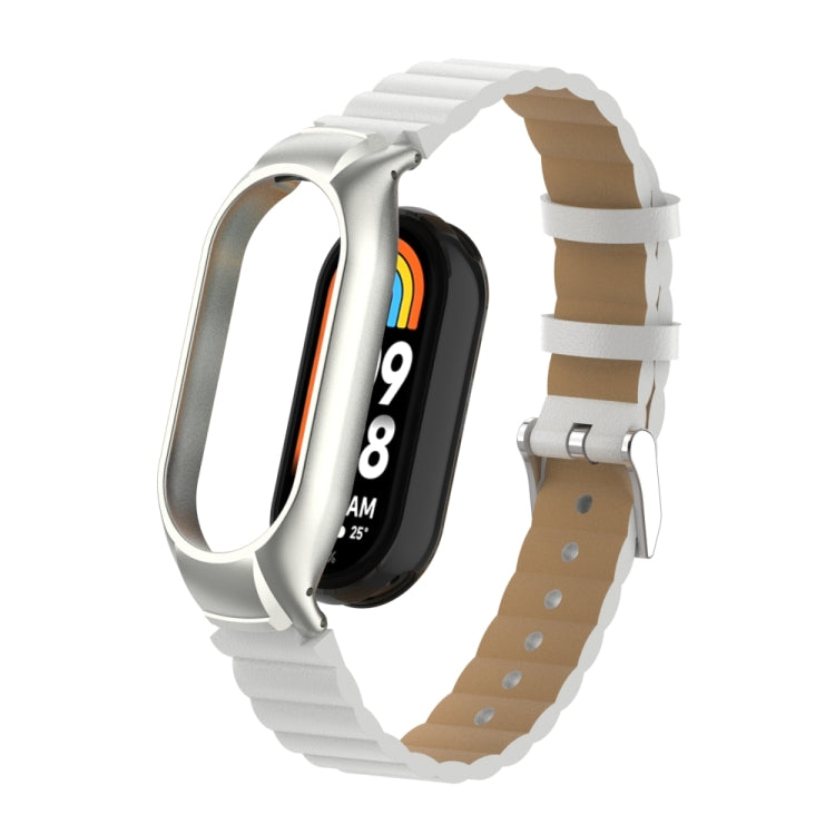 For Xiaomi Mi Band 8 Integrated Metal Case + Bamboo Leather Watch Band(White) - Smart Wear by PMC TechLife | Online Shopping South Africa | PMC TechLife
