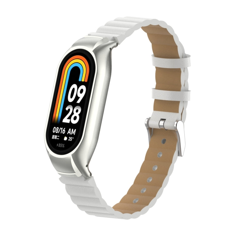 For Xiaomi Mi Band 8 Integrated Metal Case + Bamboo Leather Watch Band(White) - Smart Wear by PMC TechLife | Online Shopping South Africa | PMC TechLife