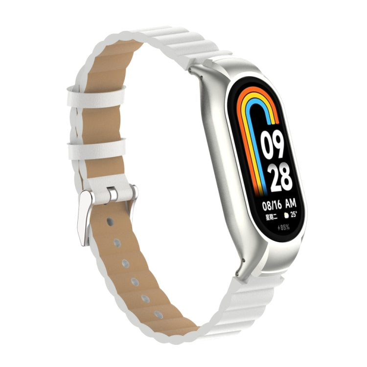 For Xiaomi Mi Band 8 Integrated Metal Case + Bamboo Leather Watch Band(White) - Smart Wear by PMC TechLife | Online Shopping South Africa | PMC TechLife