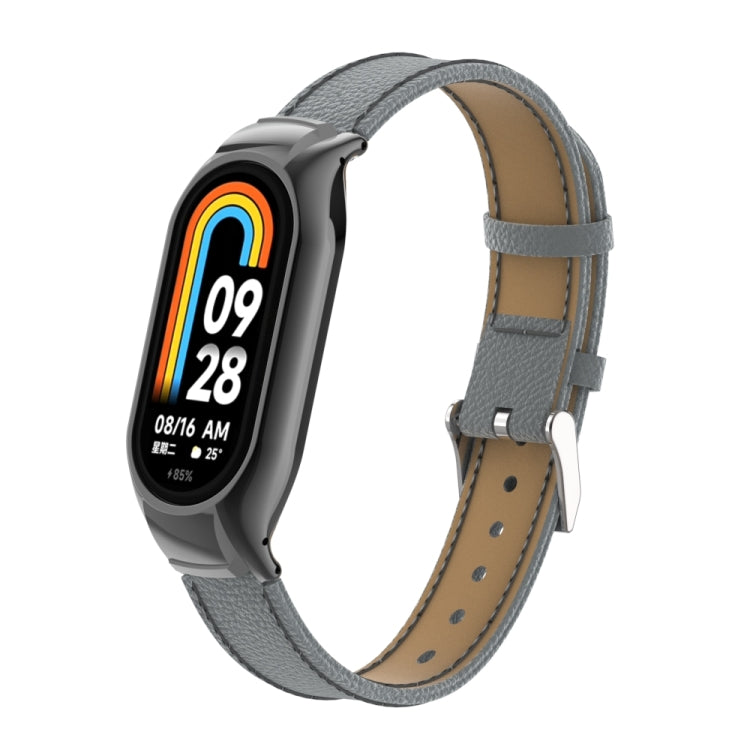 For Xiaomi Mi Band 8 Integrated Metal Case + Litchi Texture Leather Watch Band(Grey) - Smart Wear by PMC Jewellery | Online Shopping South Africa | PMC Jewellery