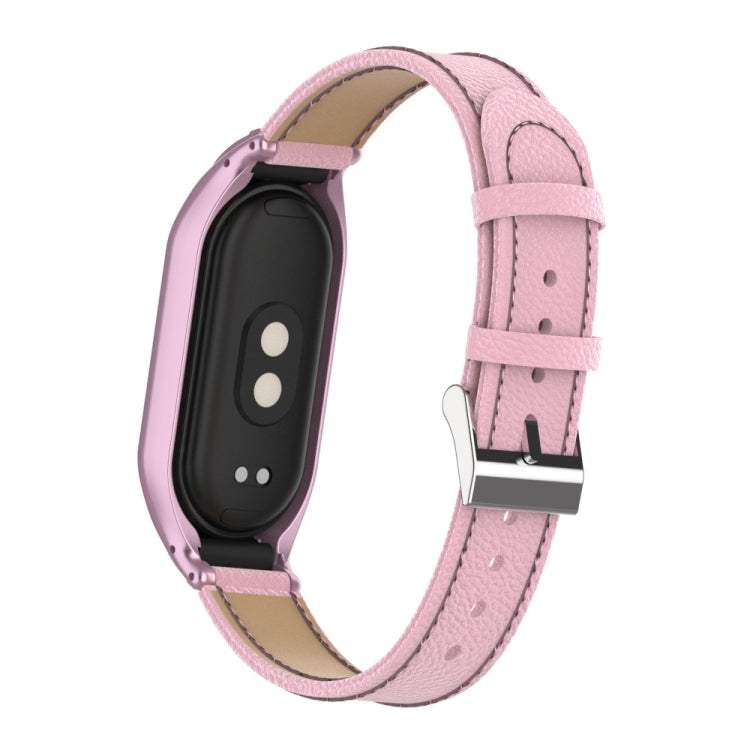 For Xiaomi Mi Band 8 Integrated Metal Case + Litchi Texture Leather Watch Band(Pink) - Smart Wear by PMC Jewellery | Online Shopping South Africa | PMC Jewellery