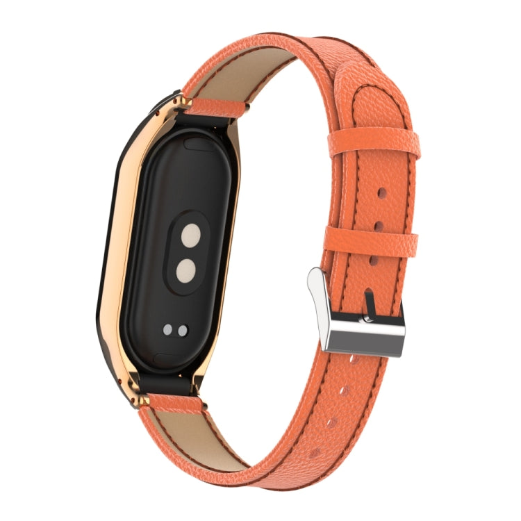 For Xiaomi Mi Band 8 Integrated Metal Case + Litchi Texture Leather Watch Band(Orange) - Smart Wear by PMC Jewellery | Online Shopping South Africa | PMC Jewellery