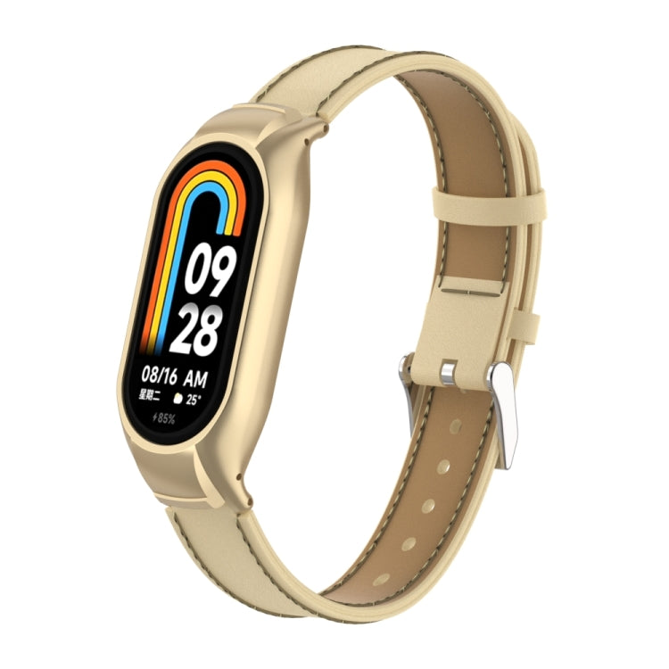 For Xiaomi Mi Band 8 Integrated Metal Case + Microfiber Sewing Leather Watch Band(Champagne) - Smart Wear by PMC Jewellery | Online Shopping South Africa | PMC Jewellery