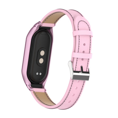 For Xiaomi Mi Band 8 Integrated Metal Case + Microfiber Sewing Leather Watch Band(Pink) - Smart Wear by PMC Jewellery | Online Shopping South Africa | PMC Jewellery