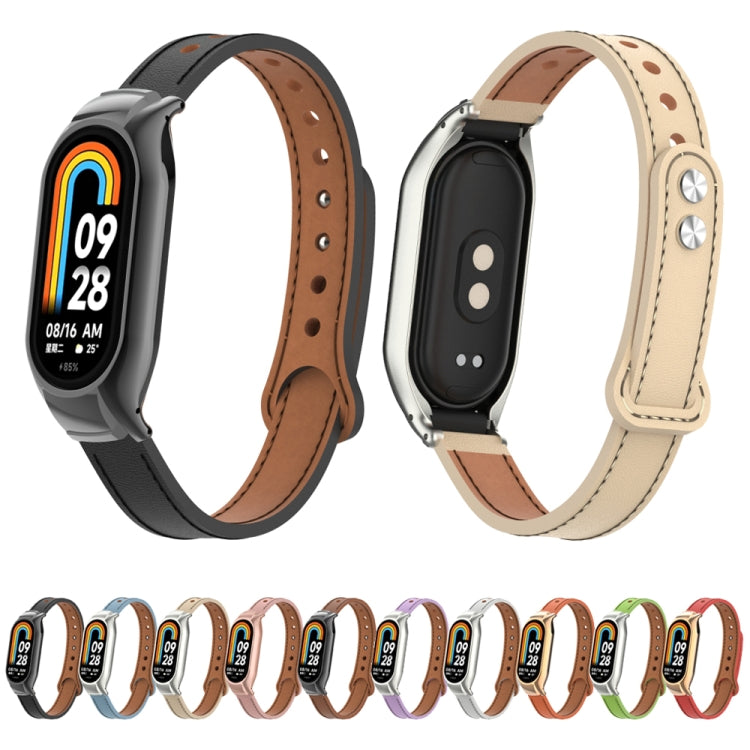 For Xiaomi Mi Band 8 Integrated Metal Case + Double Nail Microfiber Leather Watch Band(Brown) - Smart Wear by PMC TechLife | Online Shopping South Africa | PMC TechLife