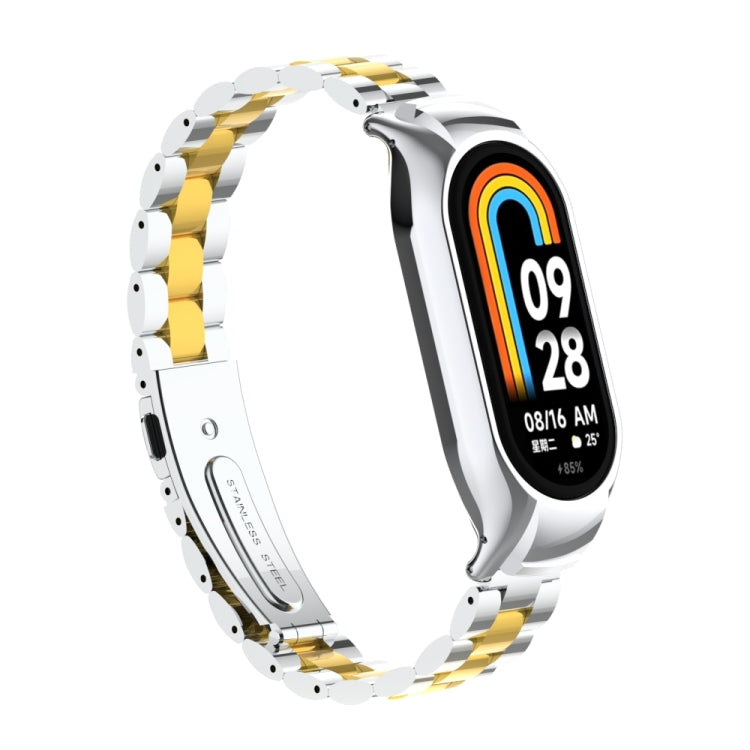For Xiaomi Mi Band 8 Integrated Metal Case + Three-bead Watch Band(Silver+Gold) - Smart Wear by PMC Jewellery | Online Shopping South Africa | PMC Jewellery