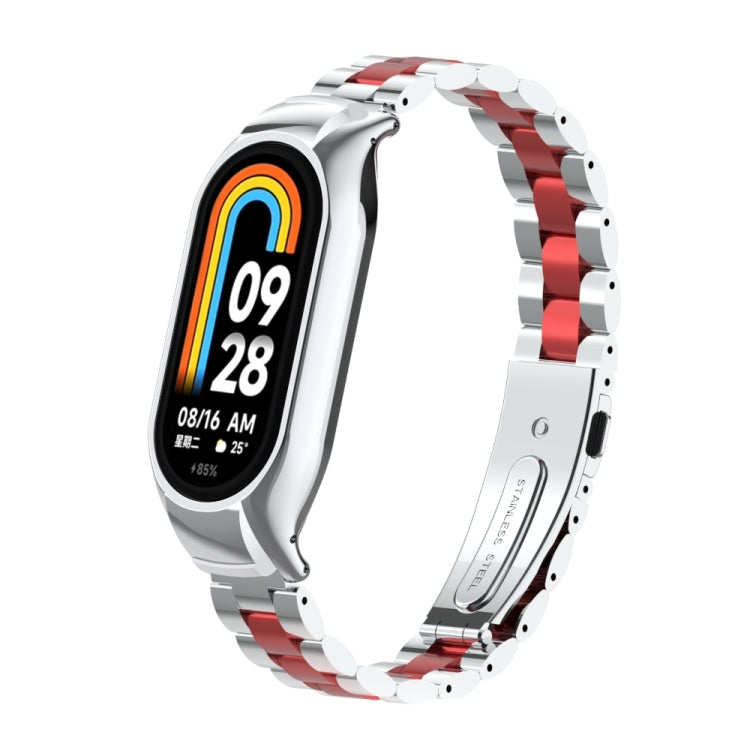 For Xiaomi Mi Band 8 Integrated Metal Case + Three-bead Watch Band(Silver+Red) - Smart Wear by PMC Jewellery | Online Shopping South Africa | PMC Jewellery