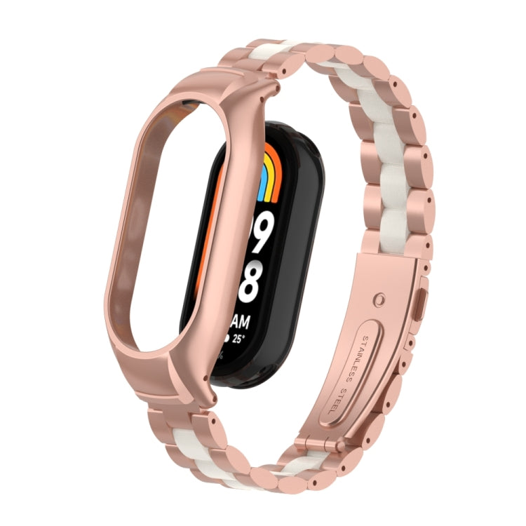 For Xiaomi Mi Band 8 Integrated Metal Case + Three-bead Watch Band(Rose Red+White) - Smart Wear by PMC TechLife | Online Shopping South Africa | PMC TechLife