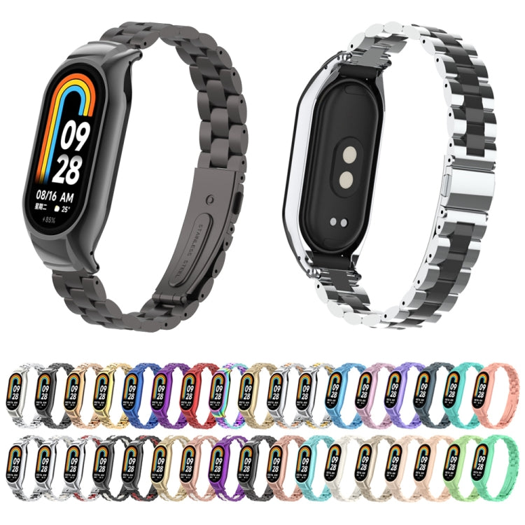For Xiaomi Mi Band 8 Integrated Metal Case + Three-bead Watch Band(Rose Pink) - Smart Wear by PMC TechLife | Online Shopping South Africa | PMC TechLife