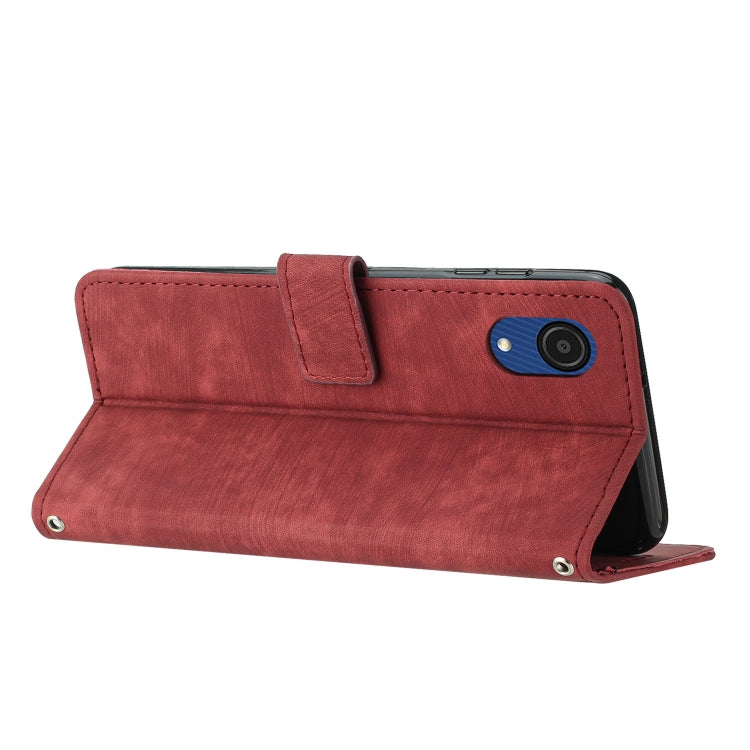 For Samsung Galaxy A03 Core Skin Feel Stripe Pattern Leather Phone Case with Lanyard(Red) - free shipping - PMC TechLife - Order now!